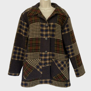 Vintage Wool Plaid Parka Womens 10 Large Patchwork Hippie Boho Brown Shacket